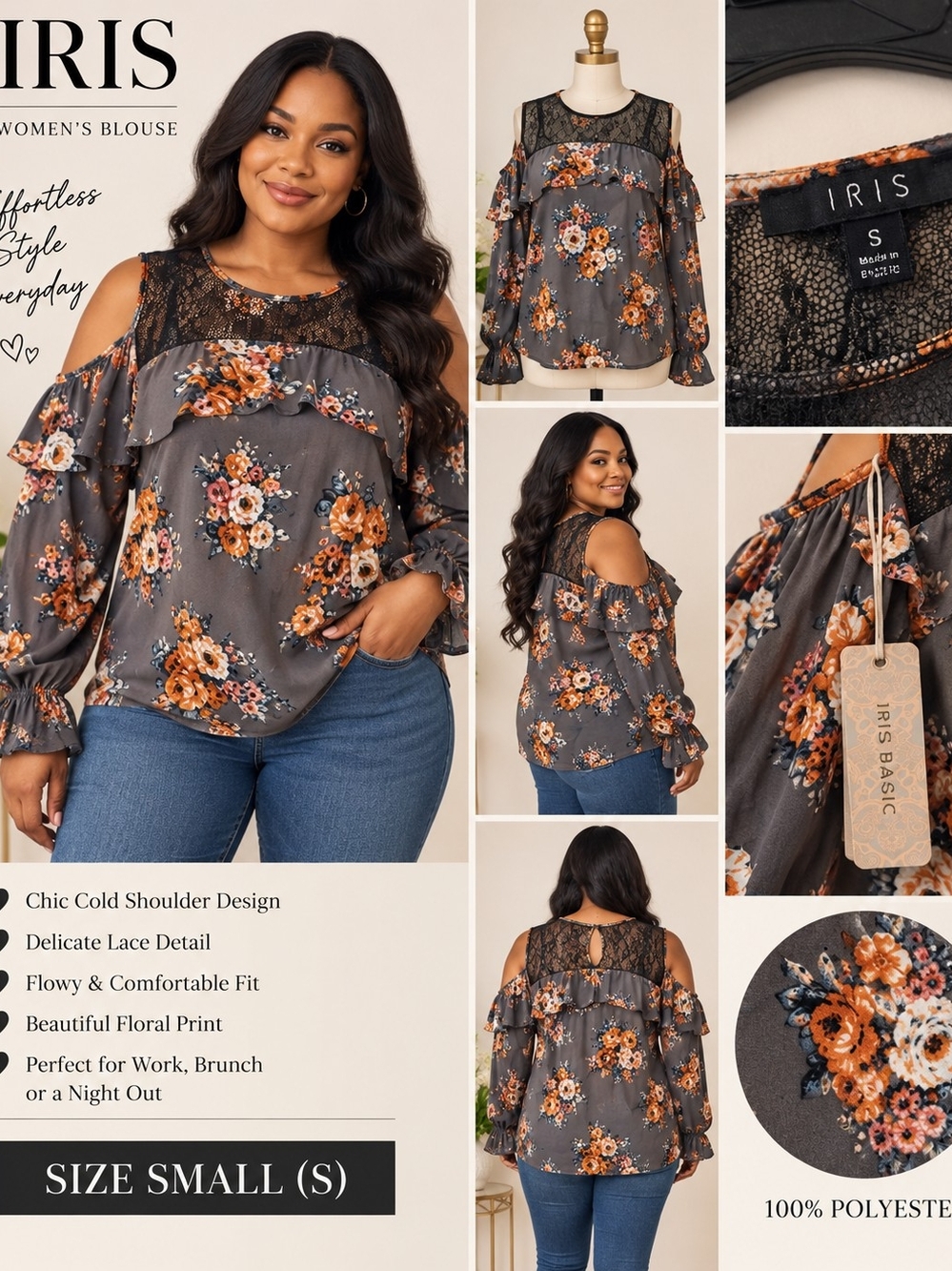 IRIS Charcoal Floral Cold-Shoulder Lace Blouse